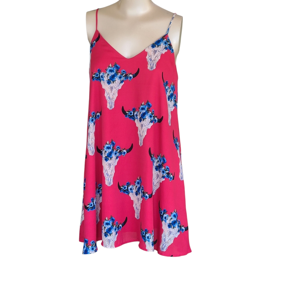 Peach Love California Magenta Bull Skull Floral Shift Dress Small